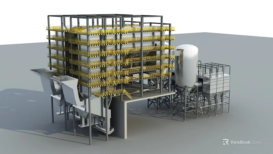Industrial Processing Equipment Featuring Multi tiered Metal Frame Yellow Pipes Cylindrical Tank And Metal Platforms 3d model 