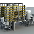Industrial Processing Equipment Featuring Multi tiered Metal Frame Yellow Pipes Cylindrical Tank And Metal Platforms