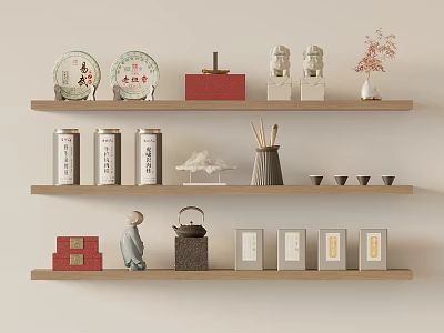 Stylish Tea Set Display on Wooden Shelves With Tea Canisters Teacups Teapot and Decorative Ornaments 3d model