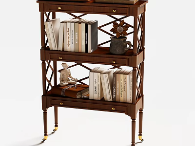 Classic Wooden Bookcase With Carved Shelves Drawers Books Decorative Statue And Golden Legs 3d model
