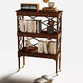 Classic Wooden Bookcase With Carved Shelves Drawers Books Decorative Statue And Golden Legs