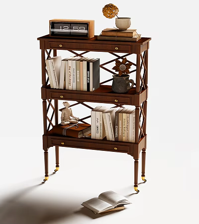 Classic Wooden Bookcase With Carved Shelves Drawers Books Decorative Statue And Golden Legs 3d model