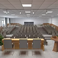 Spacious Conference Room Interior Setup With Rows of Chairs Front Platform Red Curtains Hanging Banners