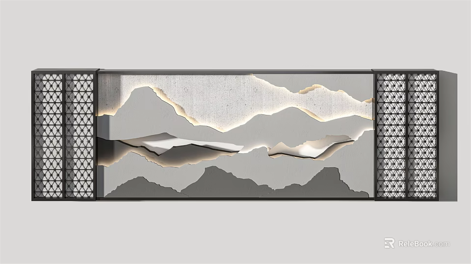 Modern Background Wall With Layered Mountain Pattern And Metal Frame Design 3d model