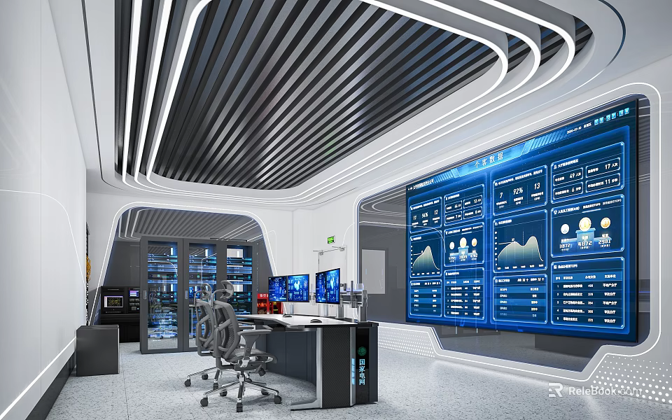 Modern Control Room With Large Display Screens Data Charts Office Chairs And Control Desk 3d model 