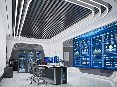 Modern Control Room With Large Display Screens Data Charts Office Chairs And Control Desk 3d model