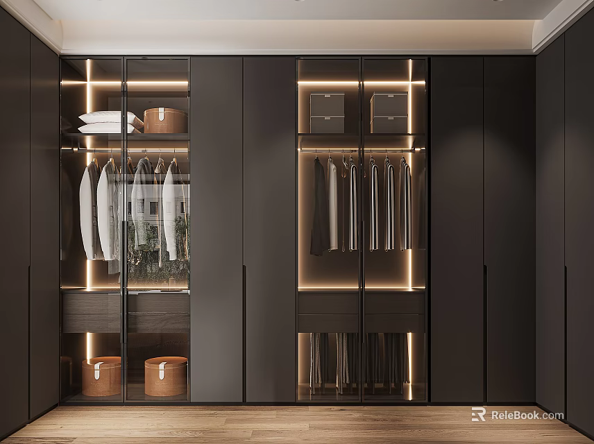Elegant Modern Wardrobe Interior With Glass Doors Hanging Rails And LED Lighting 3d model 