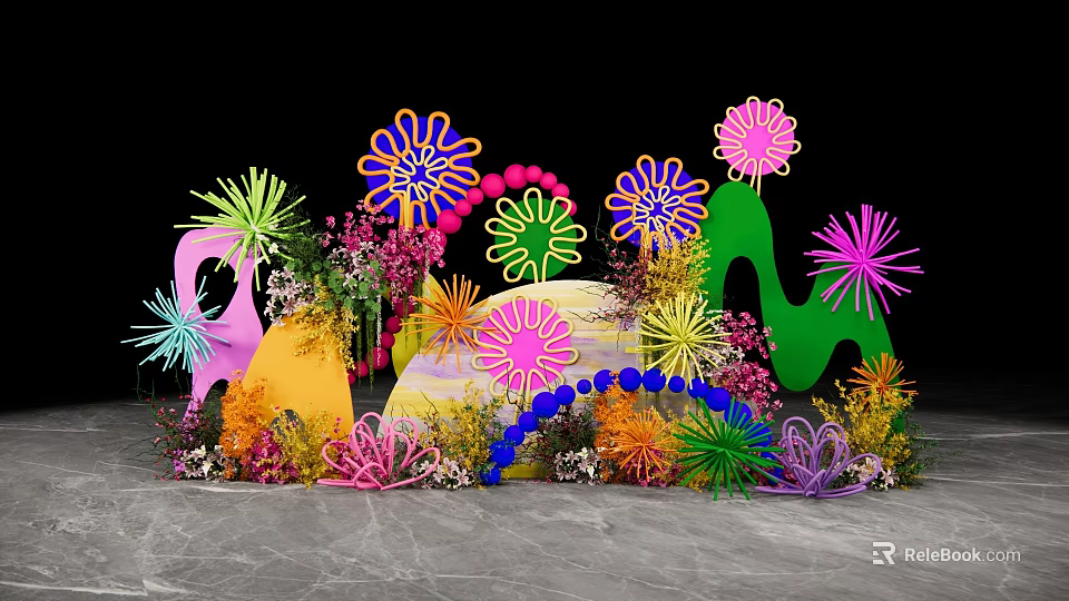 Vibrant Colorful Floral Photo Spot With Arch Decor And Marble Floor 3d model 