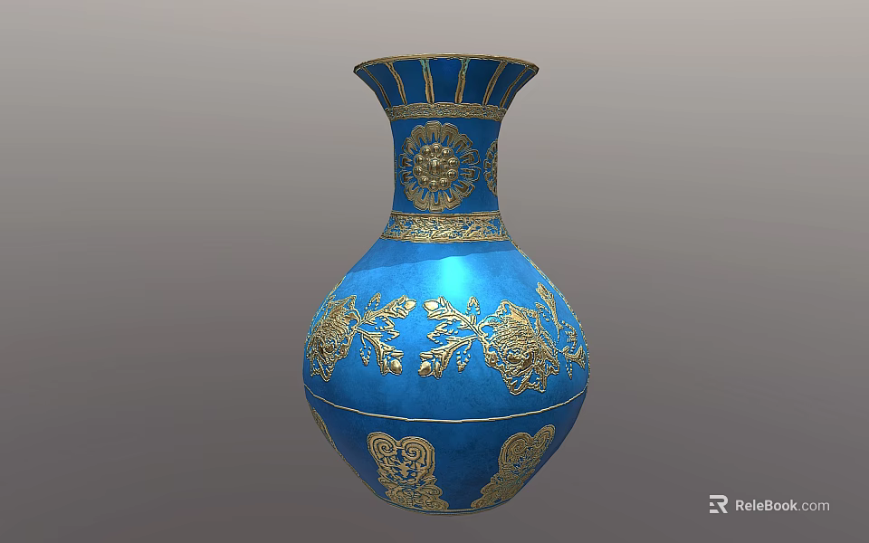 Elegant Blue Ceramic Vase With Intricate Gold Floral Patterns Design 3d model 