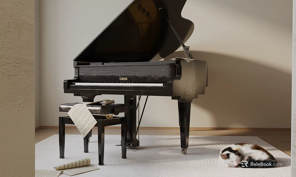 Elegant Black Grand Piano With Music Sheet Scroll And Stool On Wooden Floor Rug 3d model 