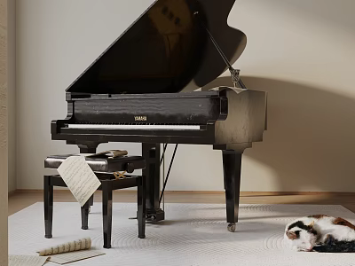 Elegant Black Grand Piano With Music Sheet Scroll And Stool On Wooden Floor Rug 3d model