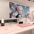 Modern Pink Computer Workstation With Anime Monitor Keyboard And Headphones