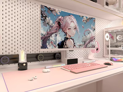 Modern Pink Computer Workstation With Anime Monitor Keyboard And Headphones 3d model