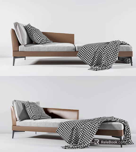 Stylish Modern Chaise Lounge With Checkered Pillows And Plaid Blanket 3d model 