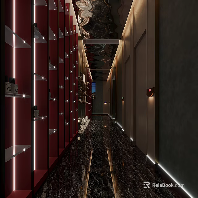Elevator Hallway Design With Red Walls Marble Floor And LED Lighting Strips 3d model