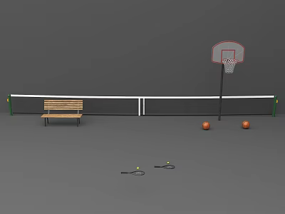 Outdoor Sports Equipment Including Basketball Hoop Bench Basketballs And Tennis Rackets 3d model