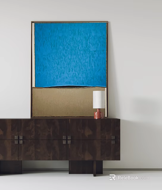 Abstract Blue and Brown Painting Wall Hanging with Dark Cabinet and White Lampshade Lamp 3d model 