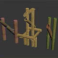 Plant Derived Wooden Structures with Hollow Tubes and Crossed Logs Against Dark Backdrop