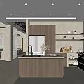 Modern Kitchen Interior With Island Counter Cabinets Refrigerator And Bar Stools