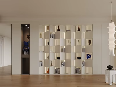 Modern Open Shelf Bookcase With Built in Lighting And Decorative Items In Living Room 3d model