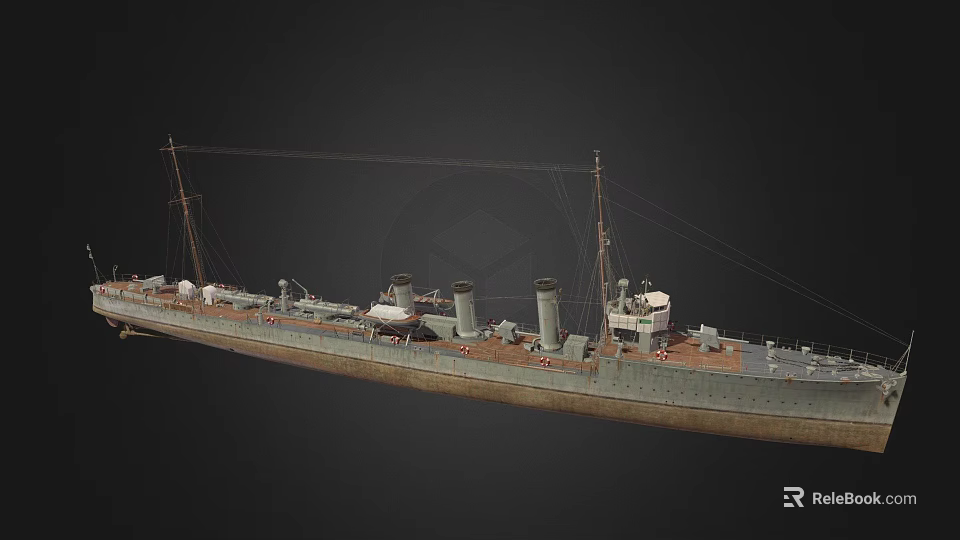 Vintage Warship with Two Funnels Masts and Deck Equipment Gray Hull Historical Naval Vessel 3d model 