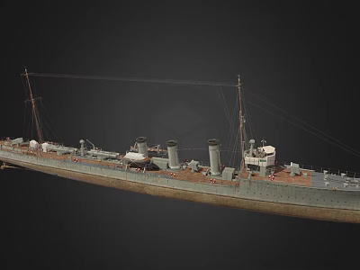 Vintage Warship with Two Funnels Masts and Deck Equipment Gray Hull Historical Naval Vessel 3d model