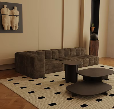 Brown Three Seater Sofa On Black And White Checkered Rug With Two Black Coffee Tables 3d model