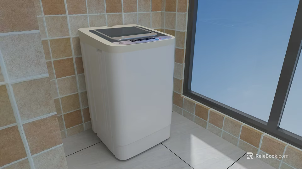 White Washing Machine Placed in Corner with Tiled Wall and Window Viewing Blue Sky 3d model 
