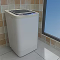 White Washing Machine Placed in Corner with Tiled Wall and Window Viewing Blue Sky