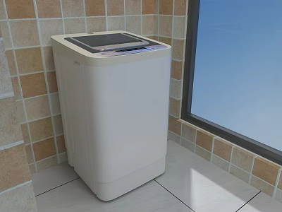 White Washing Machine Placed in Corner with Tiled Wall and Window Viewing Blue Sky 3d model