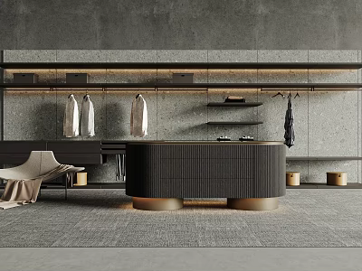 Elegant Modern Walk-in Closet with Gray Walls Clothing Racks Shelves Central Cabinet and Gray Carpet 3d model