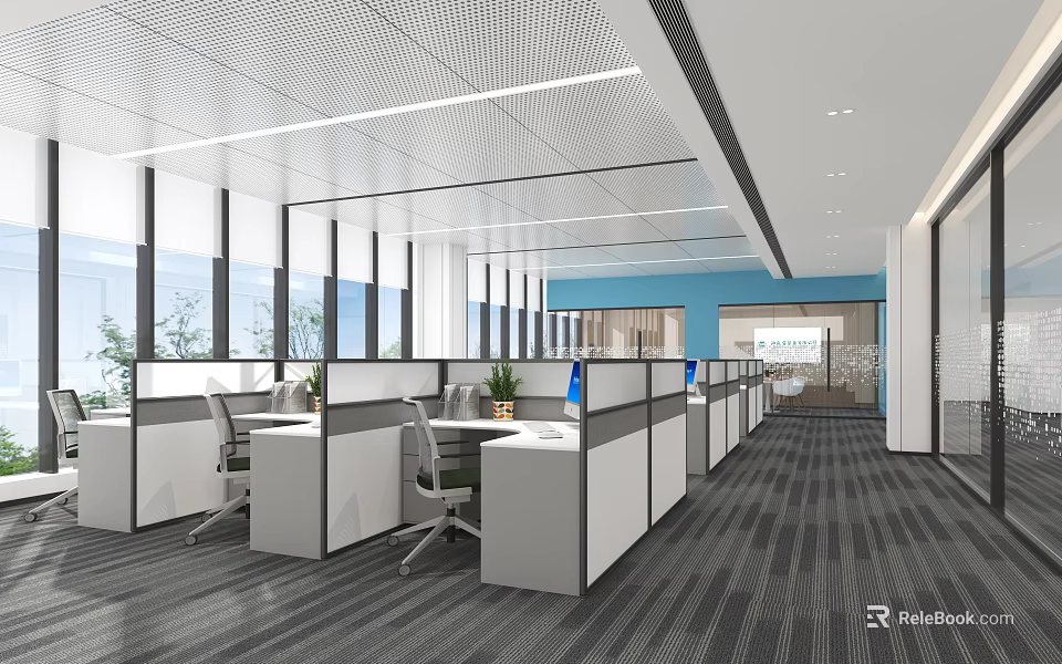 Modern Public Office Area with Spacious Layout Cubicle Workstations and Large Windows 3d model