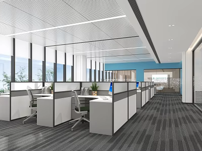 Modern Public Office Area with Spacious Layout Cubicle Workstations and Large Windows 3d model