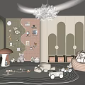 Playful Kids Room Interior With Mushroom Furniture Stuffed Toys And Play Mat