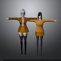 Two Female Characters in Orange School Uniforms with Pink Black Hair Short Skirts Arms Outstretched Standing