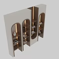 Modern Arched Display Cabinet With Built in Lighting And Decorative Items Books And Sculptures On Shelves