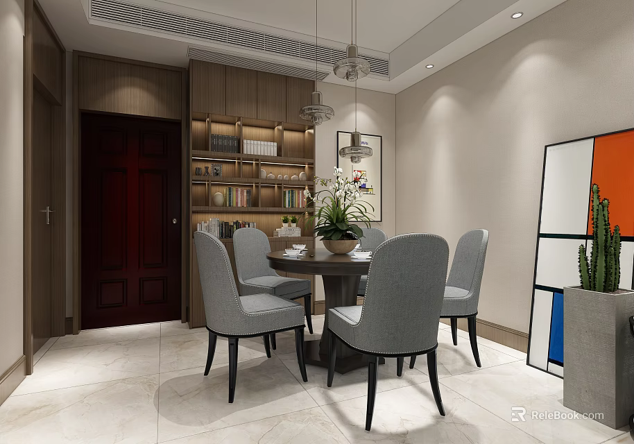 Elegant Dining Room With Round Table Gray Chairs Wooden Shelves Green Plant And Decorative Painting 3d model 