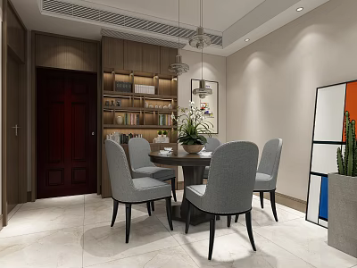 Elegant Dining Room With Round Table Gray Chairs Wooden Shelves Green Plant And Decorative Painting 3d model