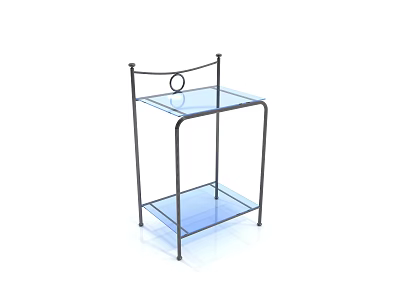 Modern Bedside Table With Metal Frame Clear Blue Glass Shelves And Circular Decoration 3d model