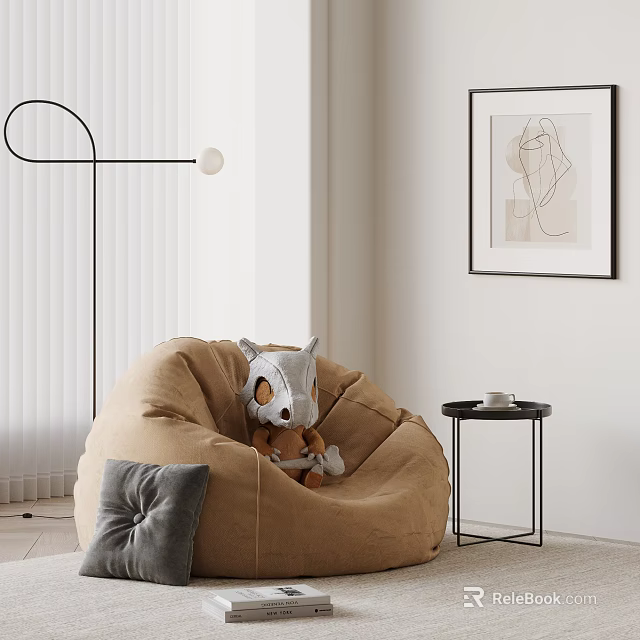 Brown Bean Bag Chair With Stuffed Toy In Living Room Interior And Side Table 3d model 