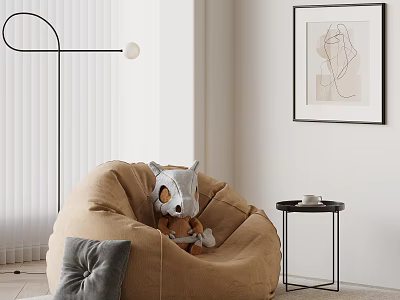 Brown Bean Bag Chair With Stuffed Toy In Living Room Interior And Side Table 3d model