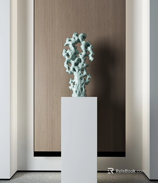 Green Stone Sculpture Display On White Pedestal With Wooden Wall Background 3d model 