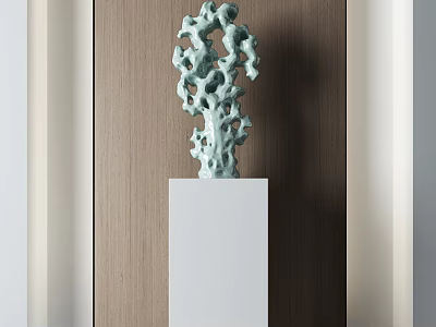 Green Stone Sculpture Display On White Pedestal With Wooden Wall Background 3d model