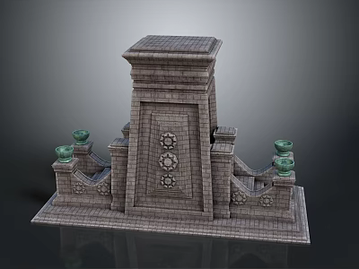 Scenic View With Classical Gray Stone Structure Decorative Patterns And Green Ornaments On Square Base 3d model