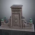 Scenic View With Classical Gray Stone Structure Decorative Patterns And Green Ornaments On Square Base