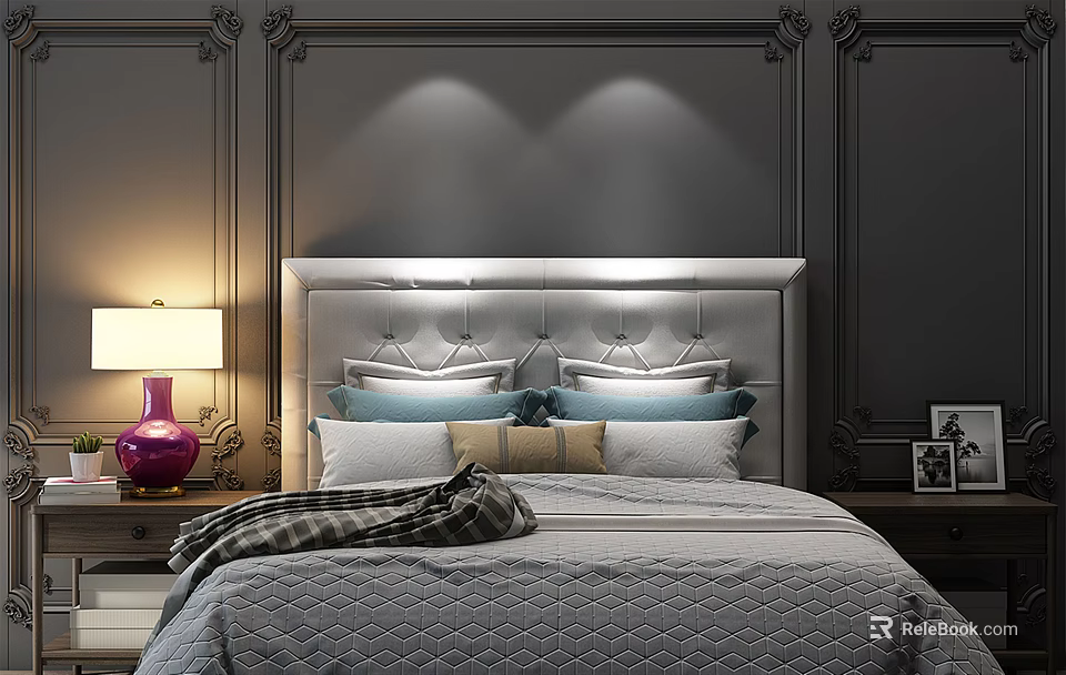 Elegant Bedroom Background Double Bed with Tufted Headboard Colorful Pillows Cozy Blanket Nightstand Lamp 3d model 