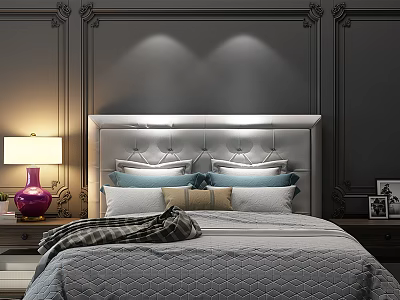 Elegant Bedroom Background Double Bed with Tufted Headboard Colorful Pillows Cozy Blanket Nightstand Lamp 3d model