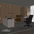 Modern Spacious Office Interior With Desk Leather Chair Bookshelf Floor To Ceiling Window Rug Lighting