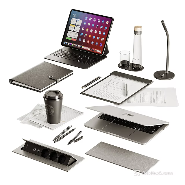 Modern Laptop Setup With Notebook Pen And Desk Accessories 3d model 