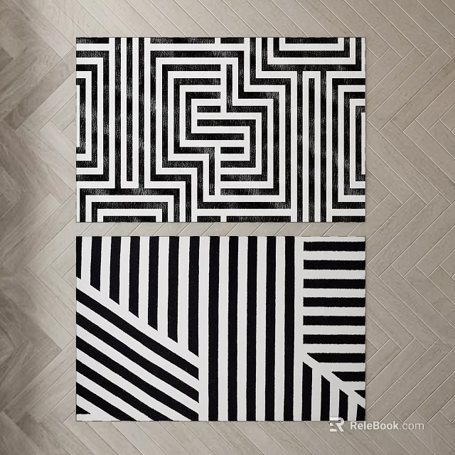 Modern Square Rugs With Black And White Geometric Maze Lines And Striped Patterns 3d model 